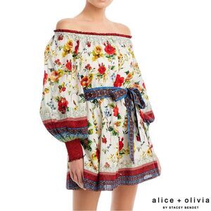 Alice + Olivia **NWT** Mary Off Shoulder Tie Belt Dress Dew Floral